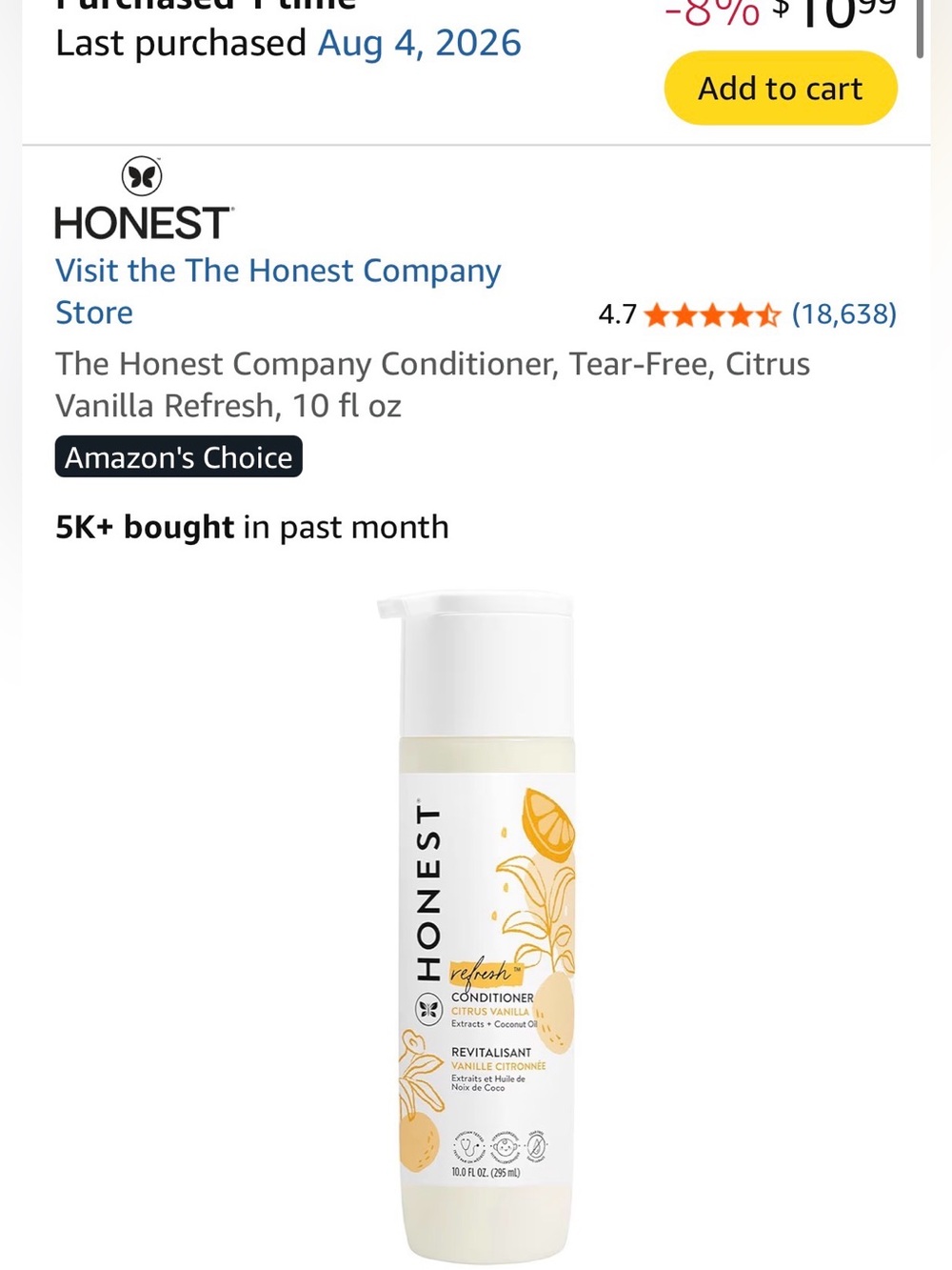 ▫️The Honest Company Citrus Vanilla Conditioner Tear-Free